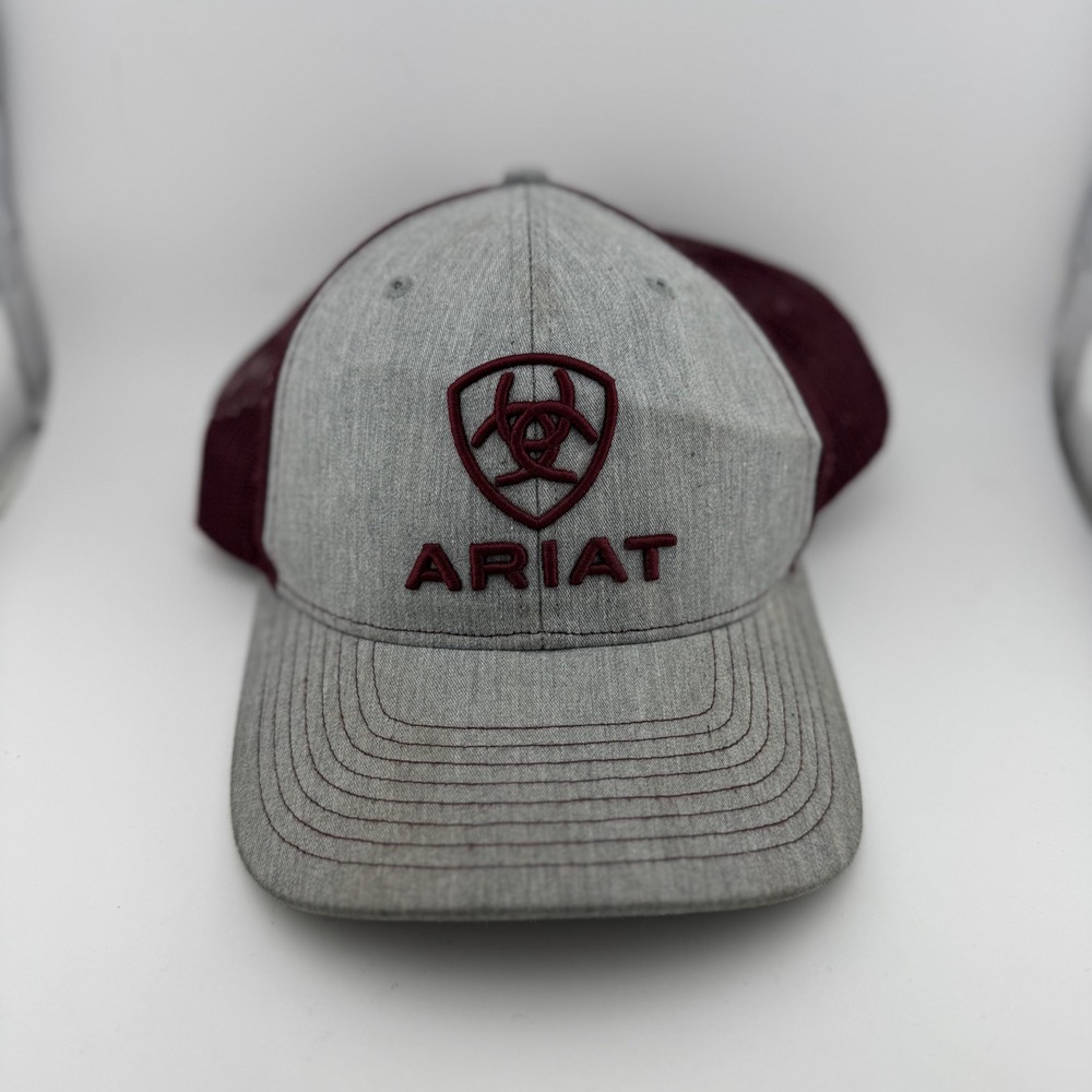 Ariat Mens Richardson 112 Trucker Hat OSFM Gray Maroon Mesh Snapback Cap